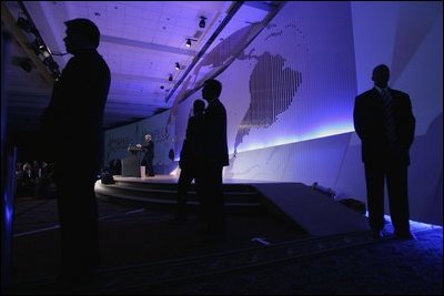 During an APEC summit, President George W. Bush addresses business executives at the CEO Summit in Santiago, Chile, Nov. 20, 2004. 