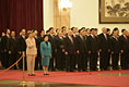 Laura Bush and Madame Liu, wife of President Hu Jintao of China, participate in the welcoming ceremony for President and Mrs. Bush Sunday, Nov. 20, 2005, at the Great Hall of the People in Beijing.