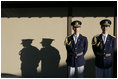 Japanese military honor guards stand at attention at the Guest House in Kyoto, Japan Wednesday, Nov. 16, 2005, where President and Mrs. Bush spent the night before attending the U.S.-Japan summit. 