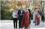 President George W. Bush and Laura Bush are welcomed to Bulguksa Temple by Juji Sunim, the chief monk, during their visit Thursday, Nov. 17, 2005, to Gyeongju, Korea.