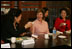 Mrs. Bush tips her teacup to Professor Chung Myung-wha during a discussion Saturday, Nov. 19, 2005, with women leaders in Busan, Korea.