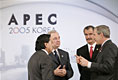 President George W. Bush meets with leaders of the Americas Friday, Nov. 18, 2005, prior to the opening of the 2005 APEC conference in Busan, Korea. With the President, from left are: President Alejandro Toledo of Peru; Prime Minister Paul Joseph Martin of Canada, and President Vincente Fox of Mexico.