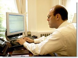 In the final hours of his last day on the job, White House Press Secretary Ari Fleischer answers a few more questions from his West Wing office on "Ask The White House," Monday, July 14, 2003. White House photo by Paul Morse. 