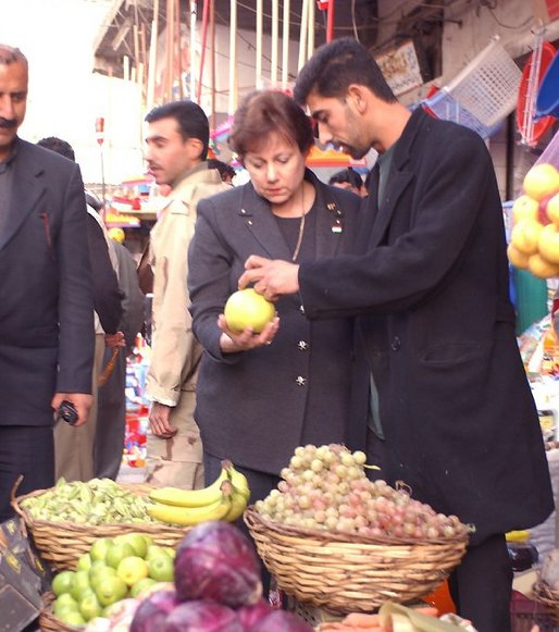 Agriculture Secretary Ann M. Veneman tours market in Erbil, Iraq. "The people of Iraq need to restore their way of life, and we are ready to help them be a part of the global system," said Veneman.