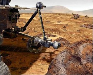 Rock Abrasion Tool (RAT). An NASA computer generated image demonstrating the Rock Abrasion Tool (RAT) on the rover's robotic arm. The RAT grinds away the rock's surface, allowing scientific instruments to analyze the rock's interior.