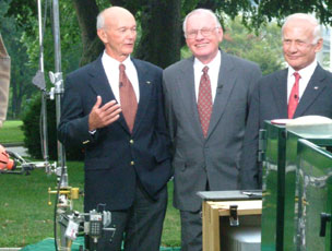 The Apollo 11 crew (Michael Collins, Neil Armstrong, Buzz Aldrin) speaks to the news media following their meeting with President Bush.