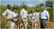 President George W. Bush talks with AmeriCorps volunteers at Rookery Bay National Estuarine Research Reserve in Naples, Fla., Friday, April 22, 2004. "Here at Rookery Bay, you see how important wetlands are to protecting 150 species of birds, and many threatened and endangered animals," said the President in his remarks.