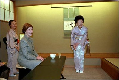 Mrs. Bush and hostess Kiyoko Fukuda, right, share a light moment at the conclusion of a tea ceremony held at Akasaka Palace Monday, February 18, 2002. White House photo by Susan Sterner.