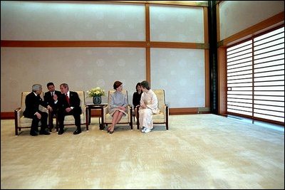 The President and Mrs. Bush talk with the Emperor and Empress of Japan in the Resui South Room of the Imperial Palace Tuesday, February 19, 2002 in Tokyo. White House photo by Susan Sterner.