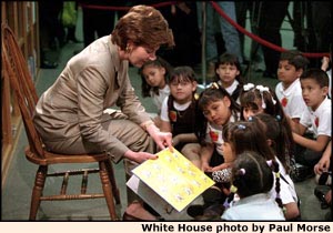 Mrs. Bush visiting and reading to students. White House photo by Paul Morse.