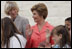 Laura Bush and Interior Secretary Gale Norton joins Guilford Elementary School students in taking the Junior Ranger pledge from National Park Service Director Fran Mainella during during an event at the Thomas Jefferson Memorial in Washington, D.C., April 21, 2005.