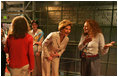 Laura Bush waits in the wings before her appearance on the The Tonight Show with Jay Leno in Los Angeles April 26, 2005.