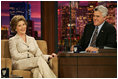 Laura Bush talks with Jay Leno of The Tonight Show during a taping of the show in Los Angeles April 26, 2005.