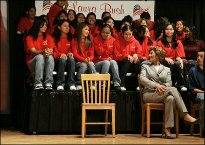 Laura Bush talks with middle school students on stage prior to delivering remarks at Sun Valley Middle School in Sun Valley, Calif., April 27, 2005.