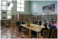 Laura Bush participates in a roundtable discussion while visiting Sun Valley Middle School in Sun Valley, Calif., April 27, 2005.