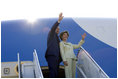 President George W. Bush waves upon his departure from Waco, Texas, en route Salt Lake City, Utah, to address the Veterans of Foreign Wars national convention August, 22, 2005.