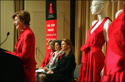 Laura Bush speaks about heart disease concerns and awareness at The Heart Truth event- The Red Dress 2005 Preview at the Time Life Building in New York Friday, Feb. 4, 2005. Also on stage with Mrs. Bush are Dr. Elizabeth Nabel, Director National Heart, Lung, and and Blood Institute, Dr. Anne Taylor and Duchess Sarah Ferguson.