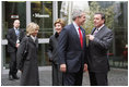 President George W. Bush, Laura Bush, German Chancellor Gerhard Schroeder, right, and Mrs. Schroeder-Koepf, left, visit before touring the Gutenberg Museum in Mainz, Germany, Feb. 23, 2005.