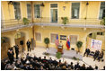 Laura Bush delivers remarks during the opening of "Info USA" at the University Library in Bratislava, Slovak Republic, Thursday, Feb. 24, 2005.