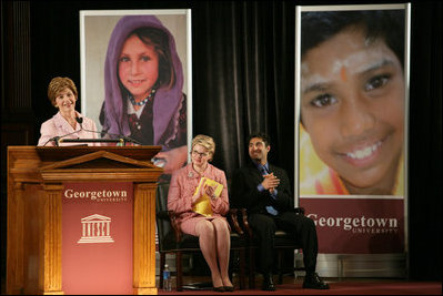 Laura Bush delivers remarks during the United States, UNESCO and Education for All Conference at Georgetown University in Washington, D.C., Monday, Feb. 28, 2005. "In all countries, no matter how prosperous, there are pockets of need, children who need attention and a caring person to show them the way to a better life," said Mrs. Bush in her remarks about literacy and education.