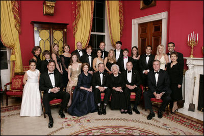 President George W. Bush, Laura Bush, former First Lady Barbara Bush, and former President George H.W. Bush sit surrounded by family in the Red Room, Thursday, Jan. 6, 2005. Friends and family joined former President Bush and Mrs. Bush in celebrating their 60th wedding anniversary during a dinner held at the White House. Also pictured are, from left, Georgia Grace Koch, Margaret Bush, Walker Bush, Marvin Bush, Jenna Bush, Doro Koch, Barbara Bush, Robert P. Koch, Pierce M. Bush, Maria Bush, Neil Bush, Ashley Bush, Sam LeBlond, Robert Koch, Nancy Ellis LeBlond, John Ellis Bush, Jr., Florida Gov. John Ellis "Jeb" Bush, Mandi Bush, George P. Bush, and Columba Bush.