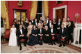 President George W. Bush, Laura Bush, former First Lady Barbara Bush, and former President George H.W. Bush sit surrounded by family in the Red Room, Thursday, Jan. 6, 2005. Friends and family joined former President Bush and Mrs. Bush in celebrating their 60th wedding anniversary during a dinner held at the White House. Also pictured are, from left, Georgia Grace Koch, Margaret Bush, Walker Bush, Marvin Bush, Jenna Bush, Doro Koch, Barbara Bush, Robert P. Koch, Pierce M. Bush, Maria Bush, Neil Bush, Ashley Bush, Sam LeBlond, Robert Koch, Nancy Ellis LeBlond, John Ellis Bush, Jr., Florida Gov. John Ellis "Jeb" Bush, Mandi Bush, George P. Bush, and Columba Bush.