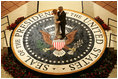 President George W. Bush and Laura Bush dance on the Presidential Seal at the Commander-in-Chief Inaugural Ball at the National Building Museum in Washington, D.C., Thursday, Jan. 20, 2005.