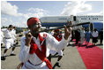 Laura Bush participates in an arrival ceremony at Dar es Salaam International Airport in Dar es Salaam, Tanzania, Wednesday, July 13, 2005.