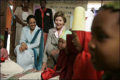 Laura Bush visits Al Rahma Madrasa Pre-School with First Lady Mrs. Shadya Karume in Zanzibar, Tanzania, Thursday, July 14, 2005.