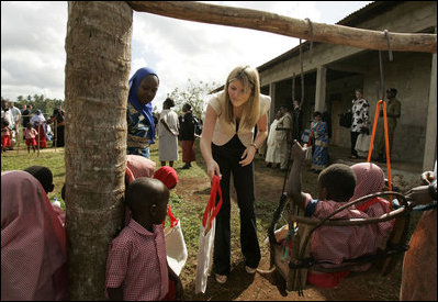 Jenna Bush talks with children during a visit Al Rahma Madrasa Pre-School in Zanzibar, Tanzania, Thursday July 14, 2005.