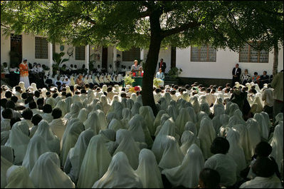 Laura Bush delivers remarks at the Kiembesamaki Teacher Training School in Zanzibar, Tanzania, Thursday, July 14, 2005.