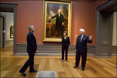 President and Mrs. Bush receive a tour of the Gilbert Stuart Exhibition at the National Gallery of Art from Earl "Rusty" Powell III, gallery director Monday, July 25, 2005, in Washington.