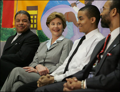 Laura Bush attends the Laura Bush Foundation for America's Libraries, June 2, 2005, at Austin Community Academy High School, Chicago, Illinois.