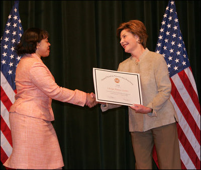 Laura Bush hands out awards at the Institute of Museum and Library Services (IMLS) ceremony, March 14, 2005 at the Hotel Washington in Washington, D.C.