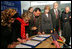 Laura Bush observes as Secretary of Education Margaret Spellings and Afghan Minister of Education Noor Mohammas Qarqeen complete the signing of the Memorandum of Understanding for funds to build a university in Kabul, Afghanistan Wednesday, March 30, 2005.