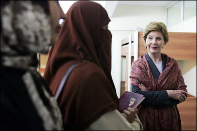 Laura Bush talks with female students in the newly built National Women’s Dormitory on the campus of Kabul University Wednesday, March 30, 2005, in Kabul, Afghanistan. The women’s dormitory was built to provide a safe place for young women to live while pursuing studies away from their families.