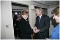 President and Mrs. Bush are greeted aboard Air Force One by Latvian President Vaira Vike-Freiberga after they arrived Friday, May 6, 2005, in Riga. The President and Mrs. Bush are on a four-day visit to Europe that will include stops in Latvia, the Netherlands, Georgia and Russia.