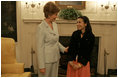 Laura Bush meets with 17-year-old Farah Ahmedi, author of the book, "The Story of My Life: An Afghan Girl on the Other Side of the Sky," in the Diplomatic Reception Room at the White House May 5, 2005. In her book, Farah, who now lives near Chicago, recounts her life in war-time Afghanistan.