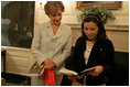 Laura Bush meets with 17-year-old Farah Ahmedi, author of the book, "The Story of My Life: An Afghan Girl on the Other Side of the Sky," in the Diplomatic Reception Room at the White House May 5, 2005. In her book, Farah, who now lives near Chicago, recounts her life in war-time Afghanistan.