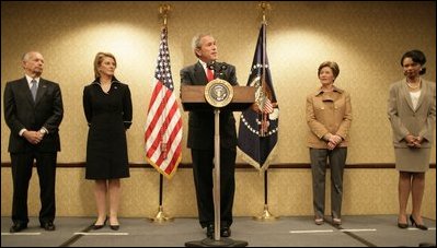 Accompanied by Laura Bush and Secretary of State Condoleezza Rice, President George W. Bush addresses U.S. Embassy families and staff in Latvia Saturday, May 7, 2005. Pictured at left are U.S. Ambassador to Latvia, Catherin T. Bailey, and her husband, Irving Bailey II.