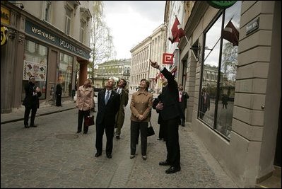 Laura Bush takes a walking tour of Riga, Latvia, Saturday, May 7, 2005.