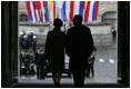 President George W. Bush and Laura Bush arrive at the Kremlin to take part in ceremonies commemorating the 60th anniversary of the end of World War II in Moscow's Red Square Monday, May 9, 2005.