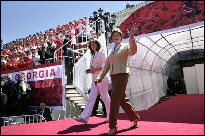 Laura Bush and Sandra Roelofs, wife of Georgian President Mikhail Saakashvili, are introduced before President Bush addresses a crowd of thousands at Freedom Square in Tbilisi, Georgia, Tuesday, May 10, 2005.