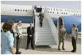 Laura Bush arrives at Queen Alia airport in Amman, Jordan May 20, 2005, beginning a five-day tour of Jordan, Israel and Egypt. Mrs. Bush traveled to Jordan to address the World Economic Forum at the Dead Sea May 21.