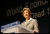 Laura Bush talks at the World Economic Forum at the Dead Sea in Jordan Saturday, May 21, 2005.