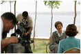 Laura Bush participates in an interview with Neda Ramahi of Jordanian television and radio at the Dead Sea in Jordan Saturday, May 21, 2005.