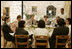 Laura Bush discusses the role of women in Jordan’s reform movement with Jordanian women leaders during lunch at the Haret Jdouna restaurant in Medaba, Jordan, Saturday, May 21, 2005.