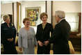 Laura Bush talks with, from left, Sheila Kurtzer, wife of U.S. Ambassador to Israel Daniel Kurtzer, Gila Katsav, wife of the Israeli president, and Israeli President Moshe Katsav at the president’s residence in Jerusalem, Sunday, May 22, 2005.