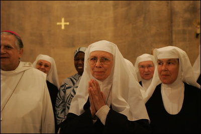 Benedictine nuns of the Church of the Resurrection at Abu Ghosh sing Psalm 150 in Hebrew during Laura Bush's tour of monastery in Abu Ghosh Israel, Monday, May 23, 2005.