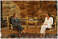 Laura Bush meets with Suzanne Mubarak, wife of Egyptian President Hosni Mubarek, at Ittihadiyya Palace in Cairo, Egypt, before spending the day together visiting an Egyptian girls school and taping a segment of children's television program "Alam Simsim" Monday, May 23, 2005.